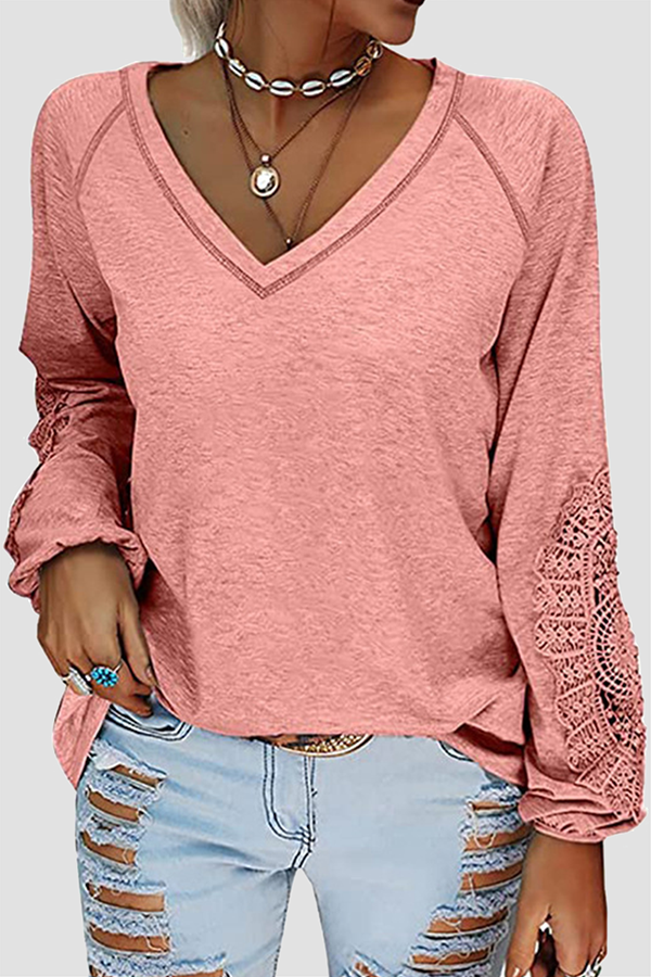 Solid Lace Split Joint V Neck T-Shirts