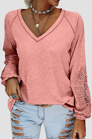 Solid Lace Split Joint V Neck T-Shirts