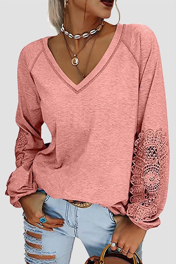 Solid Lace Split Joint V Neck T-Shirts