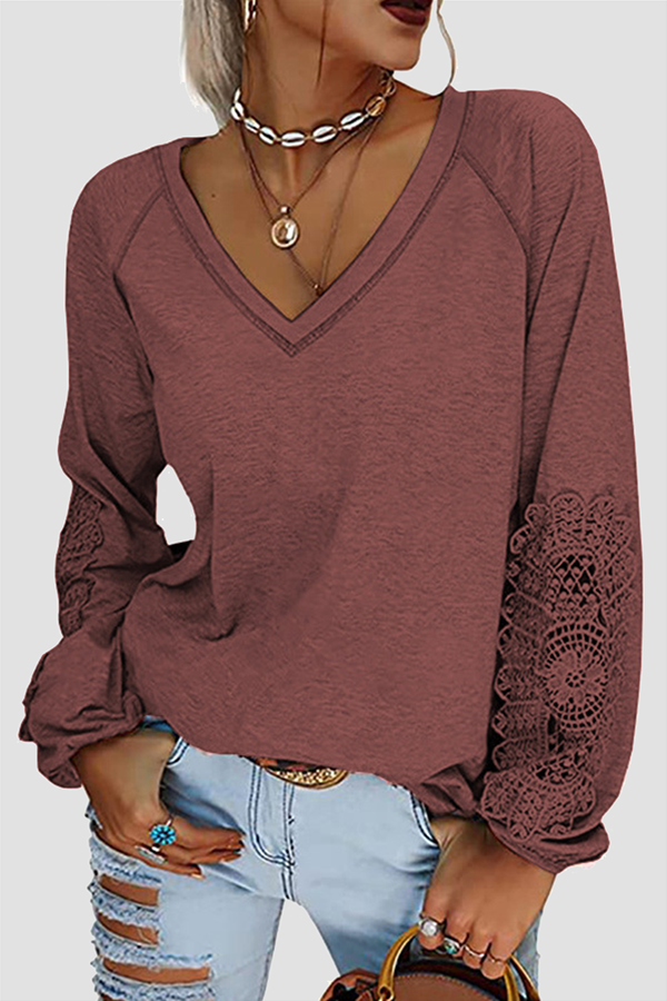 Solid Lace Split Joint V Neck T-Shirts