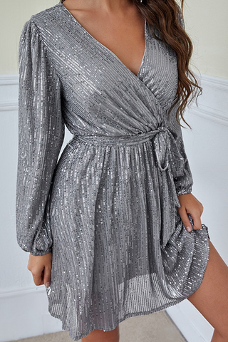 Solid With Belt  Sequins V Neck A Line Dresses