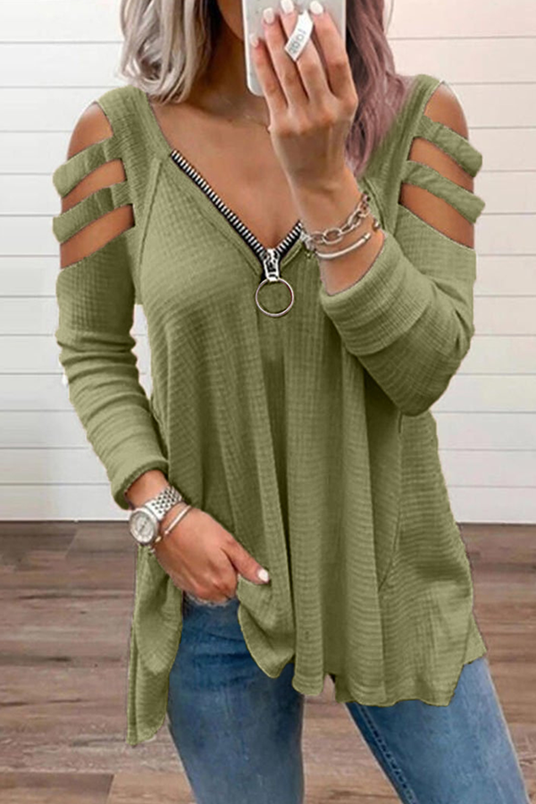 Solid Hollowed Out Zipper V Neck Tops