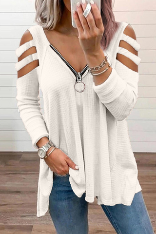 Solid Hollowed Out Zipper V Neck Tops