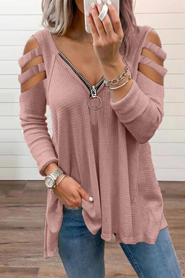 Solid Hollowed Out Zipper V Neck Tops