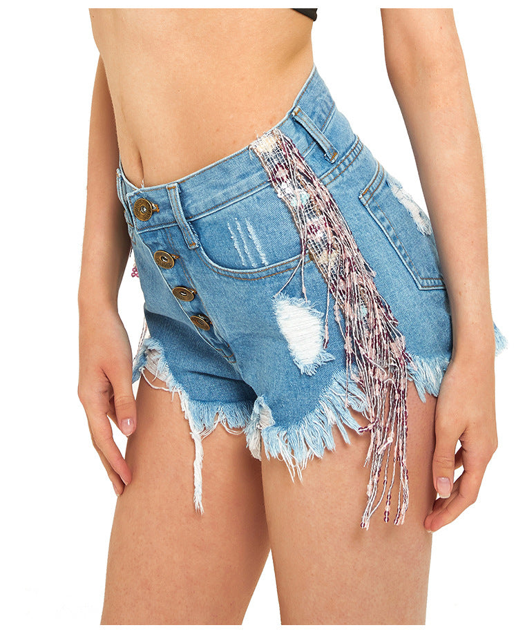 TITANIA NEPHRIT JEANSSHORTS MIT STRASS- UND FRANSENSEITE 