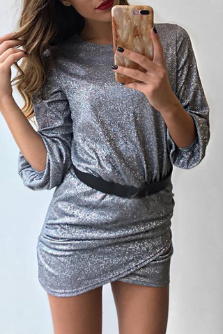 Solid Sequined Asymmetrical O Neck Pencil Skirt Dresses