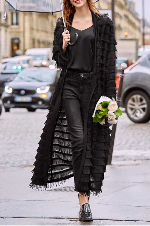 Solid Tassel With Belt V Neck Outerwear