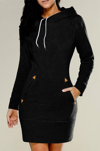 Solid Split Joint Draw String Hooded Collar Dresses