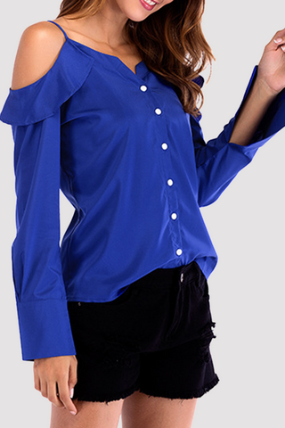 Solid Buckle Flounce Off the Shoulder Tops