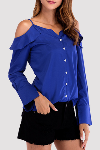 Solid Buckle Flounce Off the Shoulder Tops