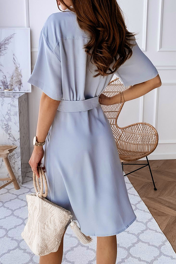 Solid Buckle With Belt Turndown Collar Dresses