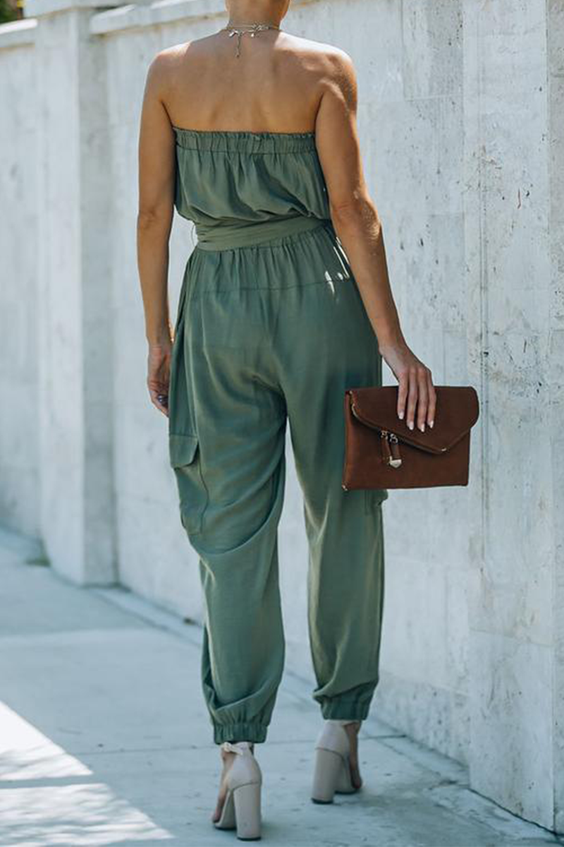 Solid Pocket Fold With Belt Off the Shoulder Jumpsuits