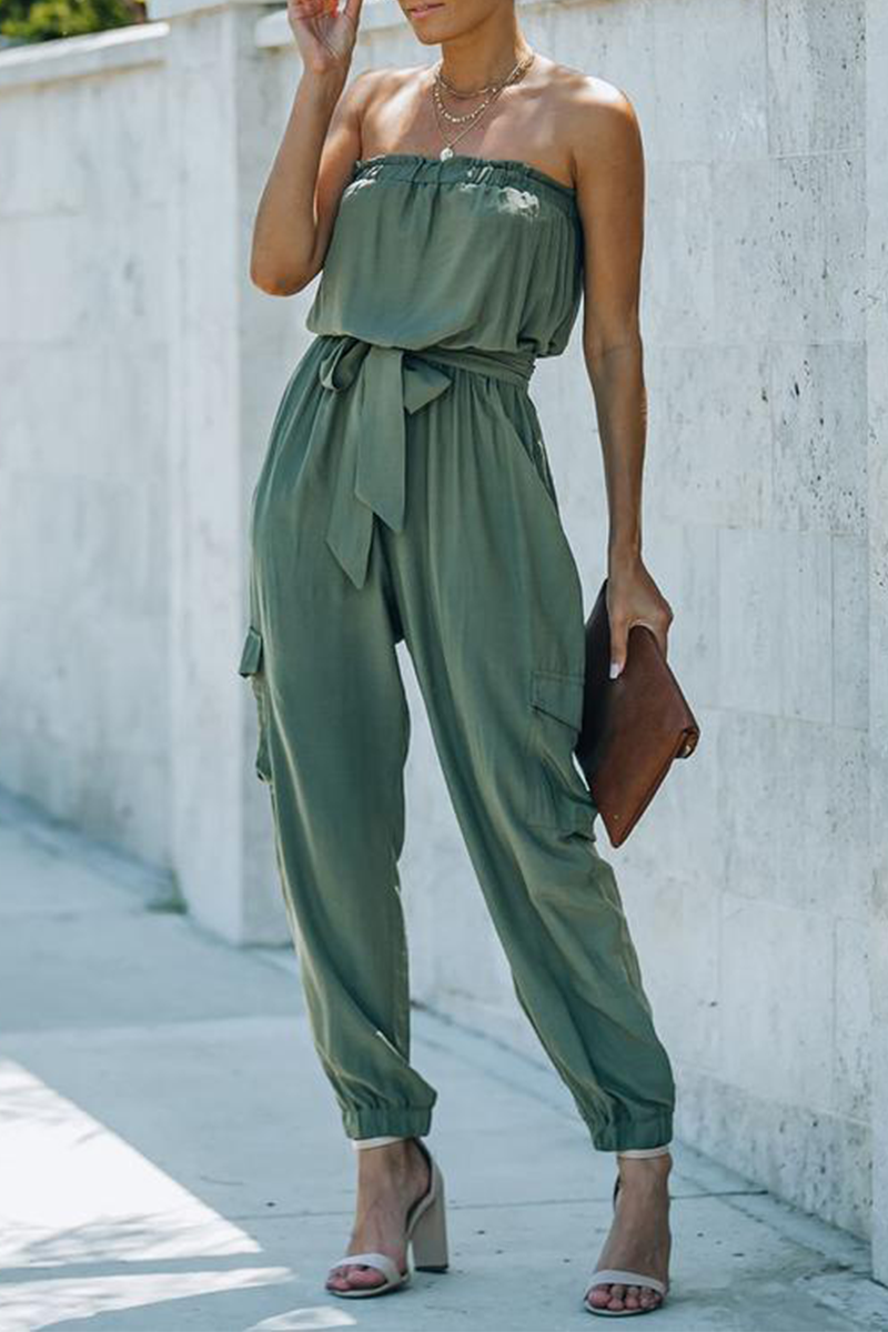 Solid Pocket Fold With Belt Off the Shoulder Jumpsuits