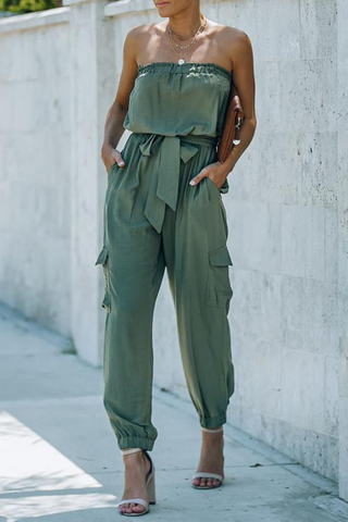 Solid Pocket Fold With Belt Off the Shoulder Jumpsuits