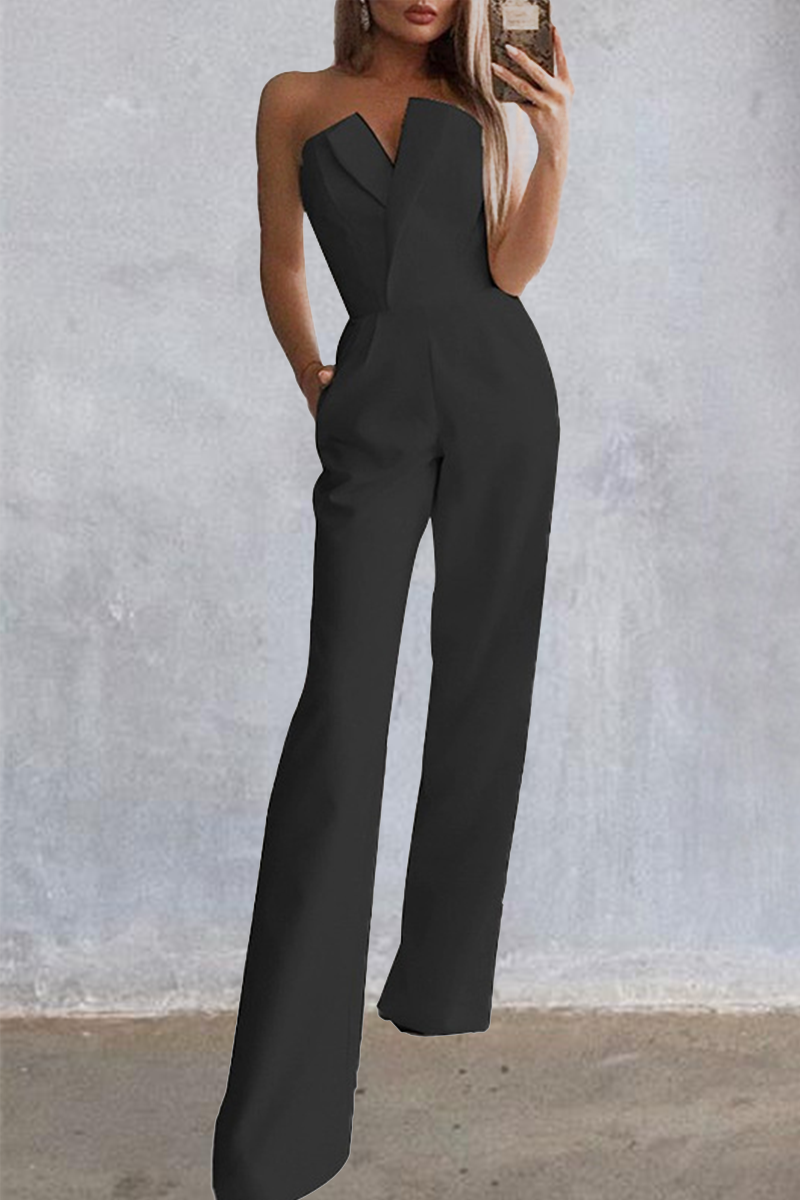 Solid Split Joint Strapless Boot Cut Jumpsuits