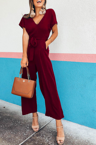 Solid Bandage V Neck Boot Cut Jumpsuits