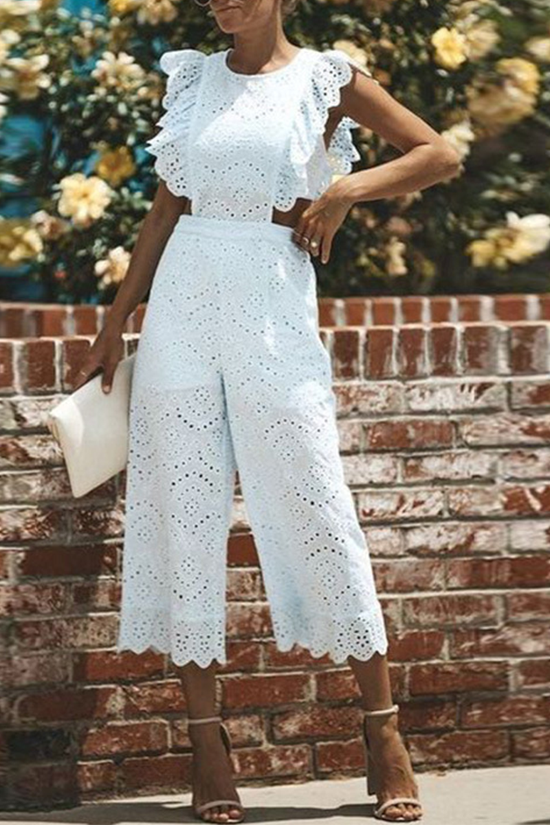 Solid Lace O Neck Straight Jumpsuits