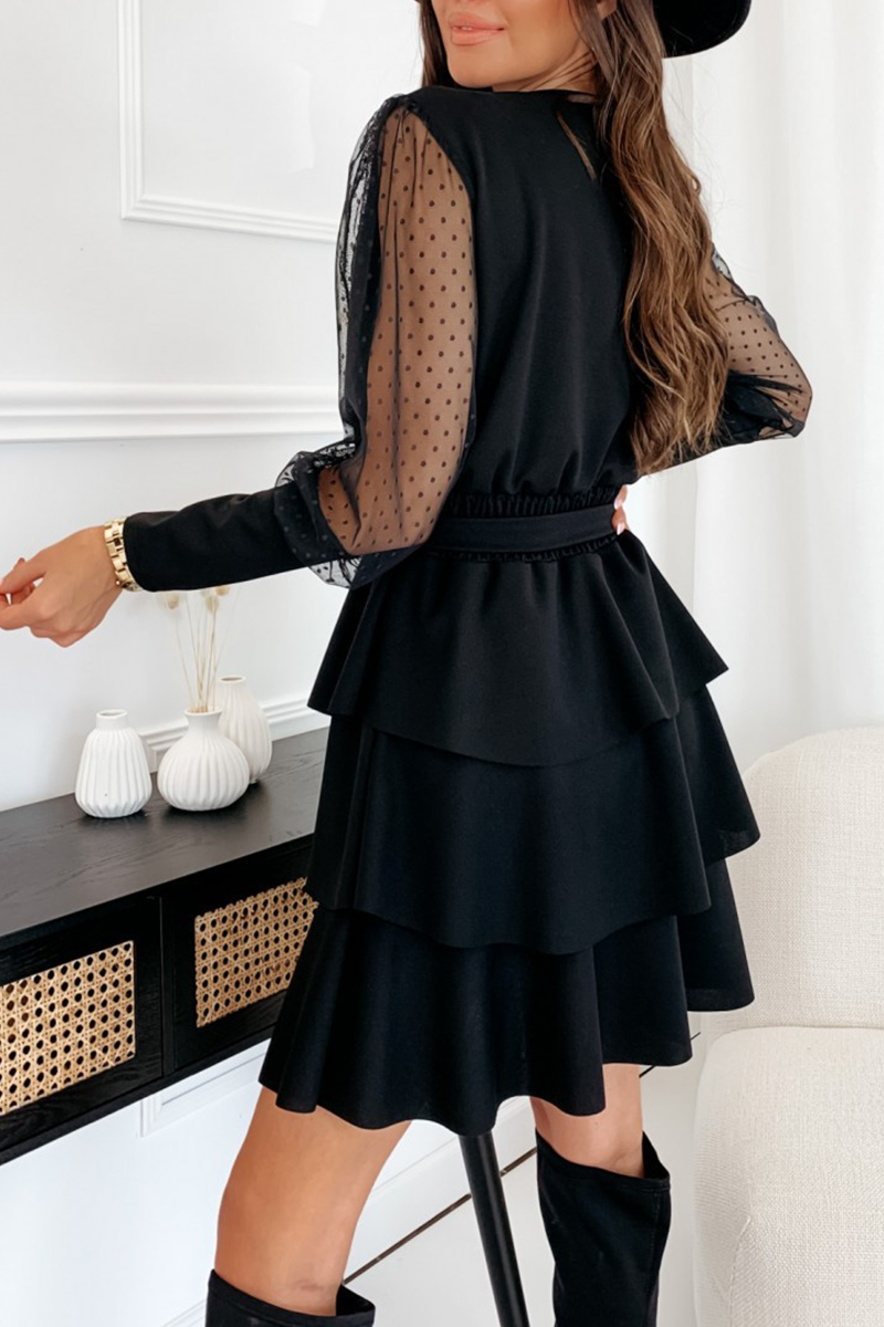 Solid Mesh V Neck Cake Skirt Dresses