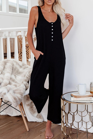 Solid Buckle U Neck Straight Jumpsuits