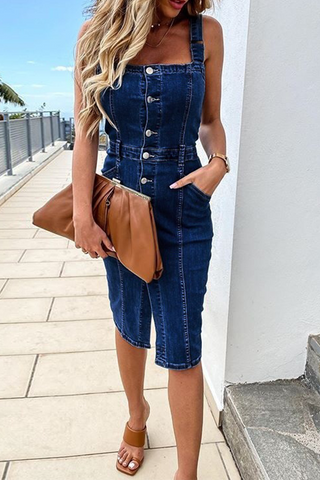 Solid Buckle Square Collar Sleeveless Skinny Denim Dresses