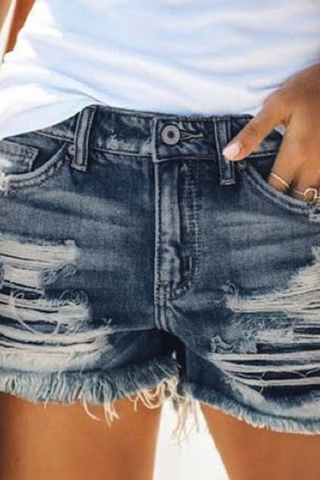 Solid Ripped Mid Waist Straight Denim Shorts