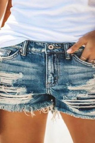 Solid Ripped Mid Waist Straight Denim Shorts