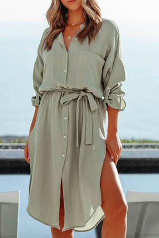 Solid Split Joint Turndown Collar Shirt Dresses