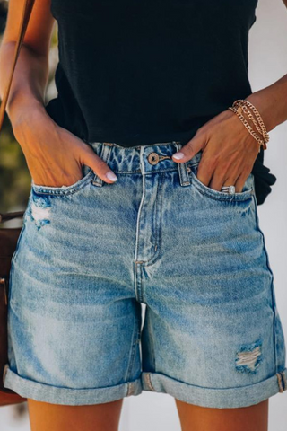 Solid Split Joint Mid Waist Straight Denim Shorts