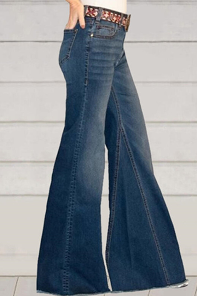 Solid Split Joint Mid Waist Boot Cut Denim Jeans