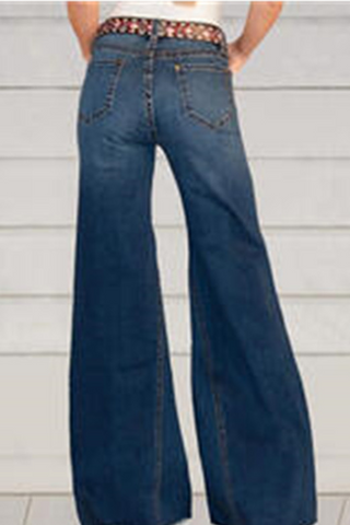 Solid Split Joint Mid Waist Boot Cut Denim Jeans