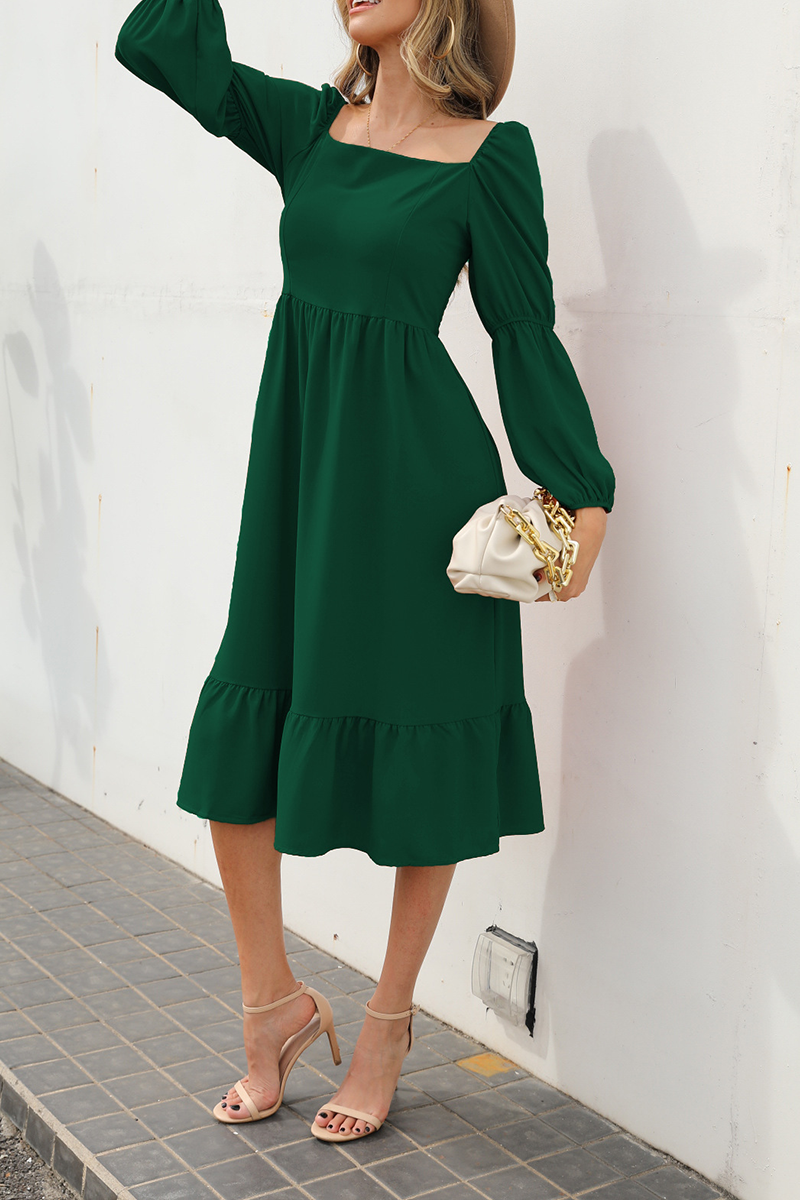 Solid Split Joint Square Collar Waist Skirt Dresses