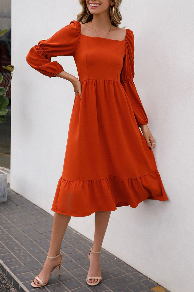 Solid Split Joint Square Collar Waist Skirt Dresses