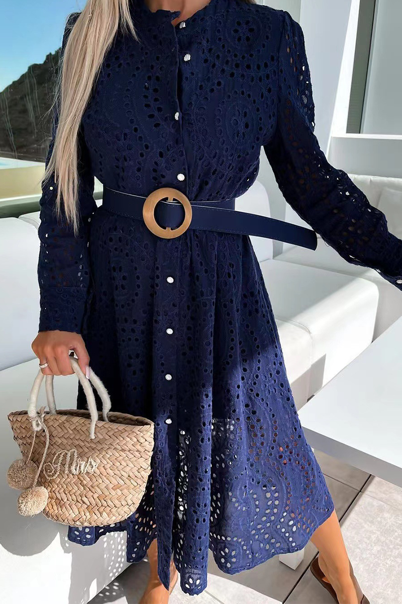 Solid Lace O Neck Shirt Dresses