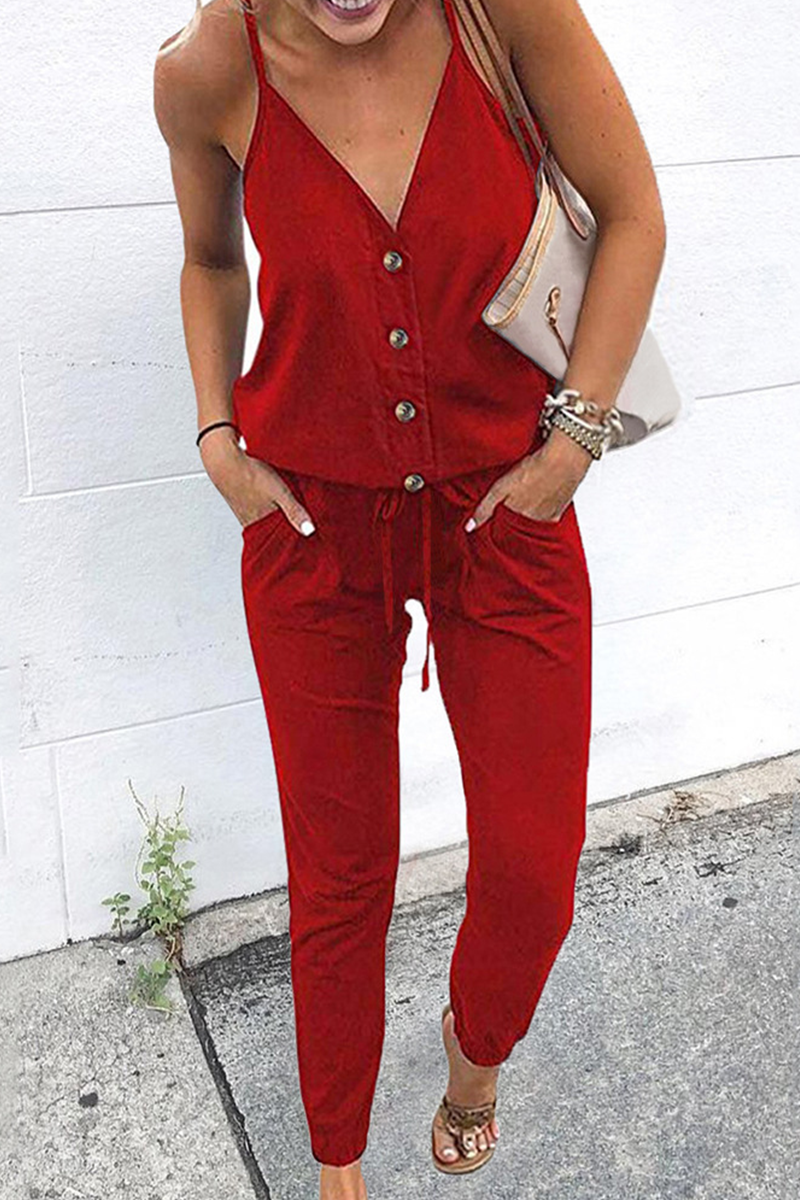 Solid Buttons With Belt V Neck Loose Jumpsuits