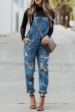 Solid Ripped Square Collar Harlan Jumpsuits