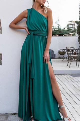 Solid Split Joint One Shoulder Waist Skirt Dresses