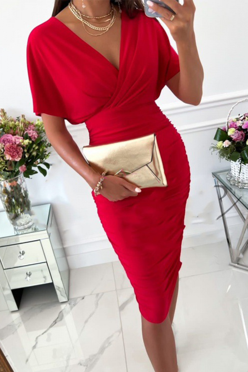 Solid Split Joint V Neck Waist Skirt Dresses