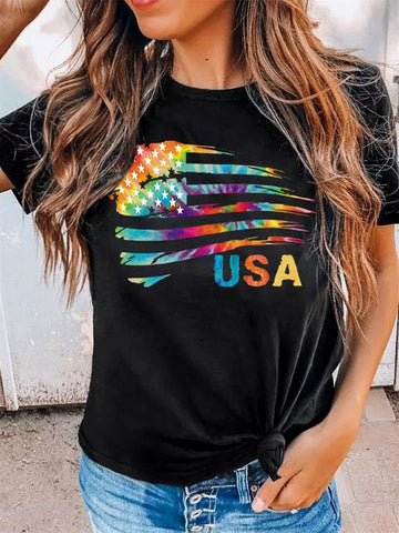 Tie-dye American Flag Graphic Print Short Sleeve Graphic T-shirt