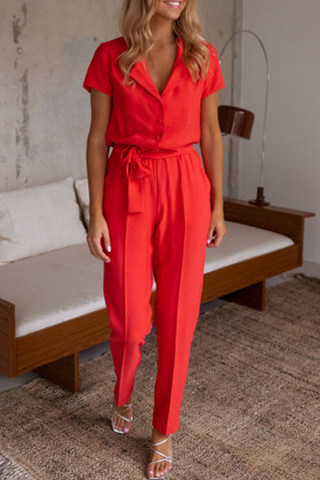 Solid Split Joint Turndown Collar Regular Jumpsuits