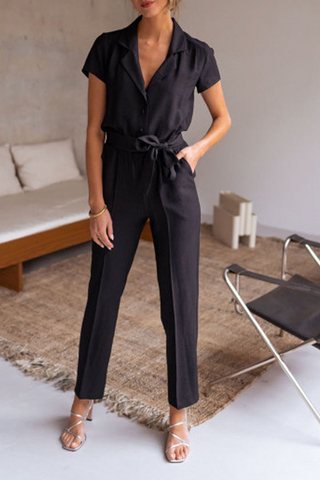 Solid Split Joint Turndown Collar Regular Jumpsuits