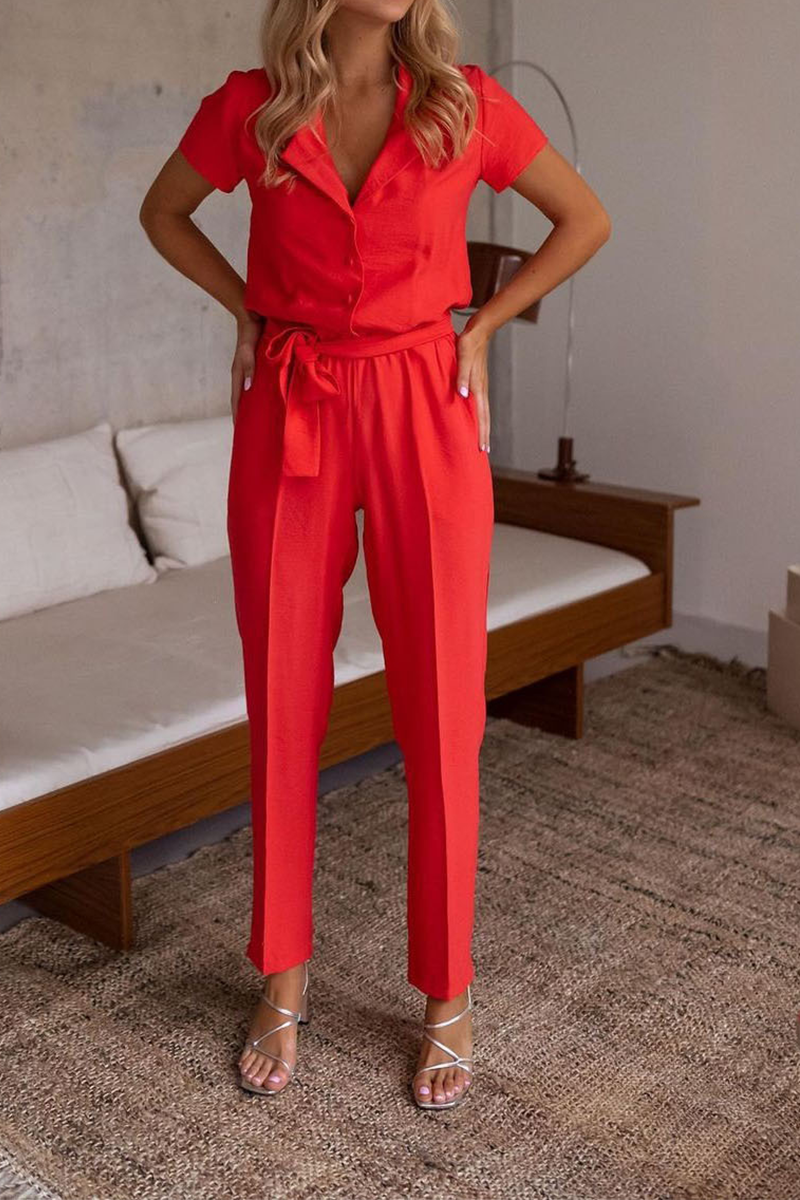 Solid Split Joint Turndown Collar Regular Jumpsuits