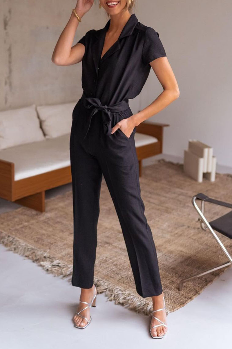 Solid Split Joint Turndown Collar Regular Jumpsuits