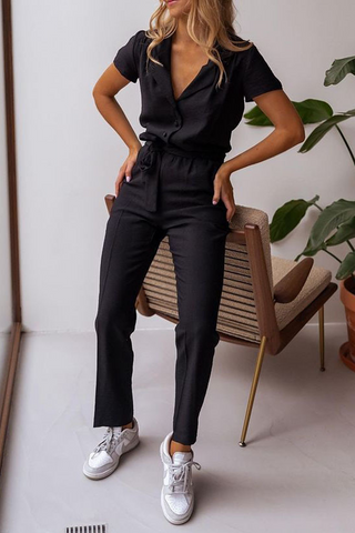 Solid Split Joint Turndown Collar Regular Jumpsuits