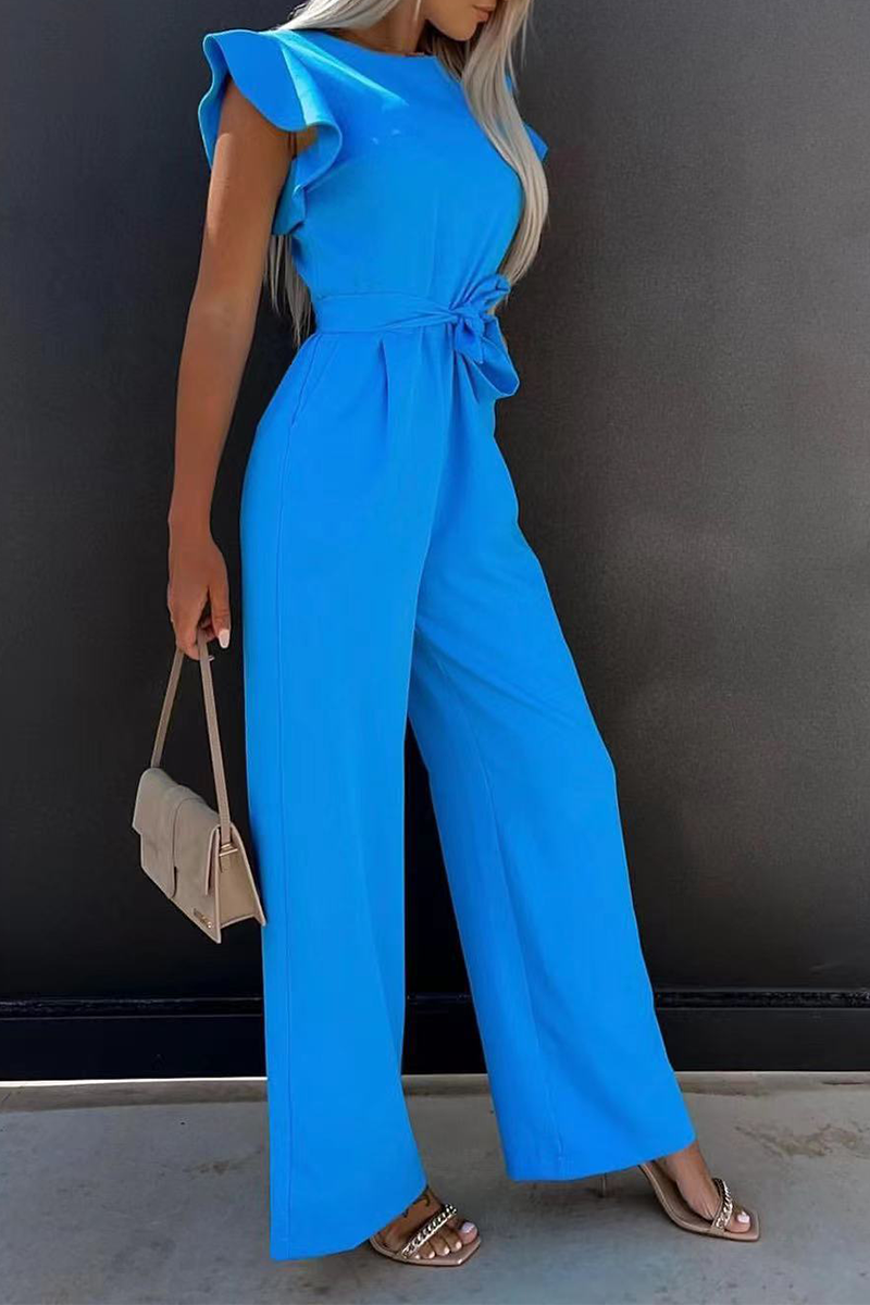 Solid Flounce O Neck Straight Jumpsuits