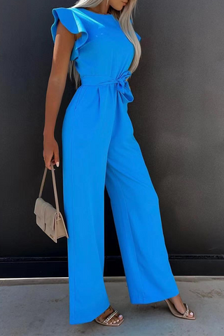 Solid Flounce O Neck Straight Jumpsuits