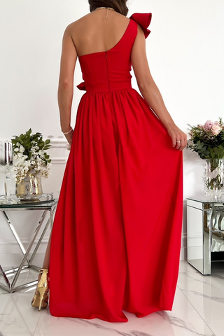 Solid Flounce One Shoulder Cake Skirt Dresses