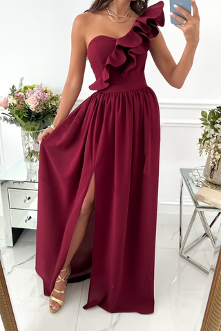 Solid Flounce One Shoulder Cake Skirt Dresses