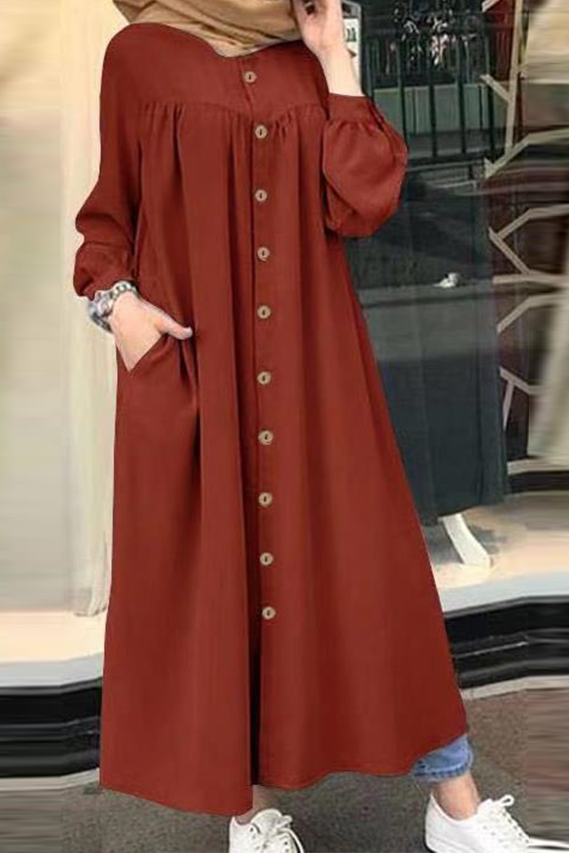 Solid Buckle Mandarin Collar Shirt Dresses