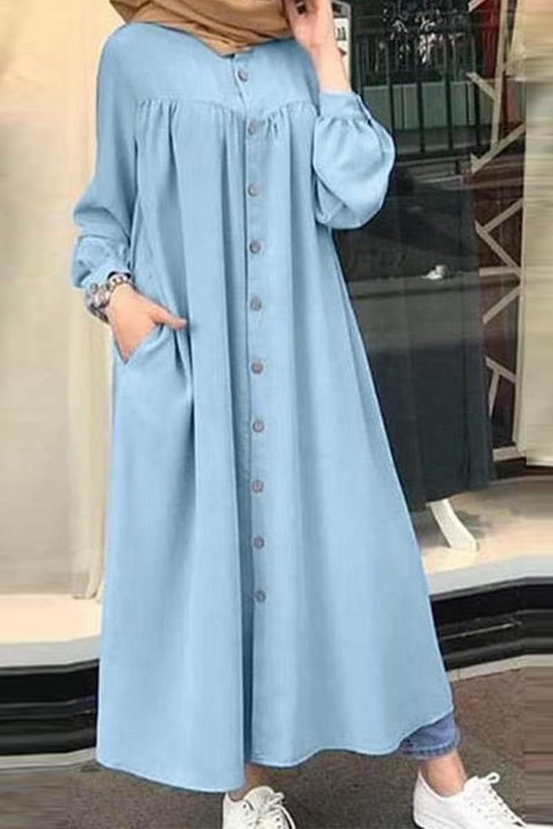 Solid Buckle Mandarin Collar Shirt Dresses