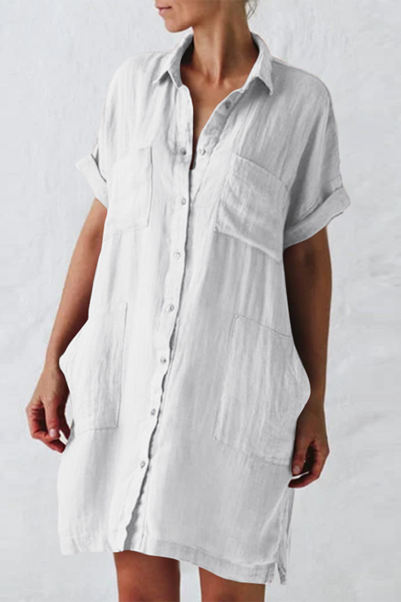 Solid Split Joint Turndown Collar Shirt Dresses